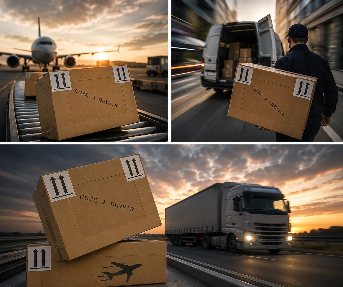 Montage de trois scènes de transport express : carton sur un tapis roulant devant un avion, livreur portant un colis vers un fourgon et camion sur une autoroute au crépuscule