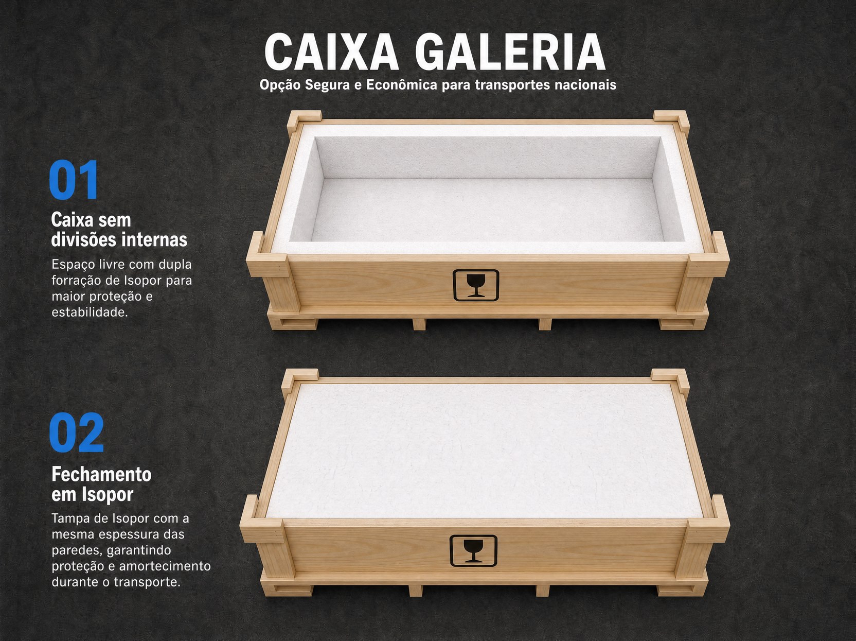 Caixa Galeria em duas etapas: caixa aberta com forração de isopor e fechamento com tampa de isopor