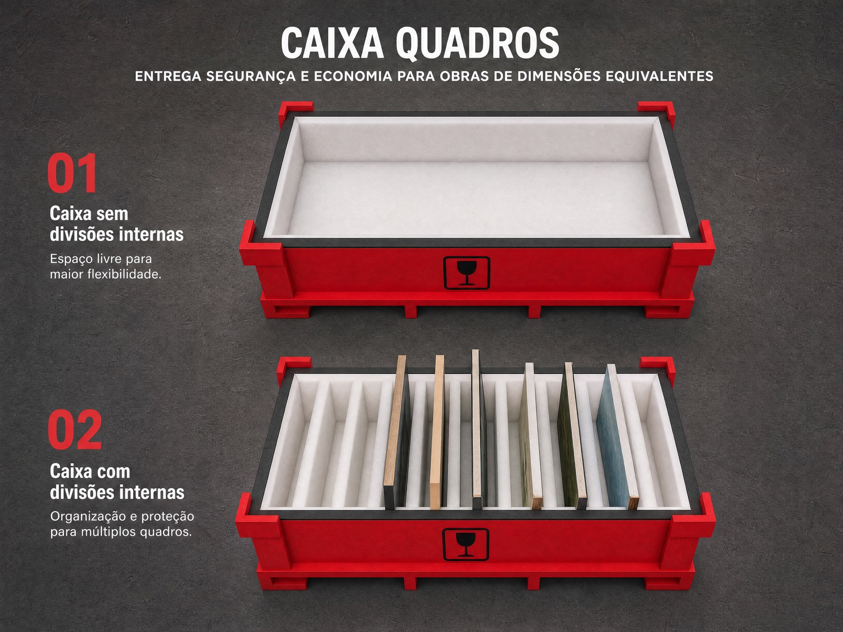 Caixa Quadros vermelha em duas versões: sem divisões internas e com divisórias para múltiplos quadros