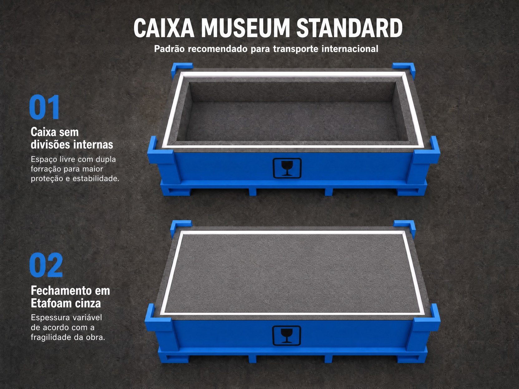 Caixa Museum Standard azul em duas etapas: caixa sem divisões internas com dupla forração e fechamento em Etafoam cinza