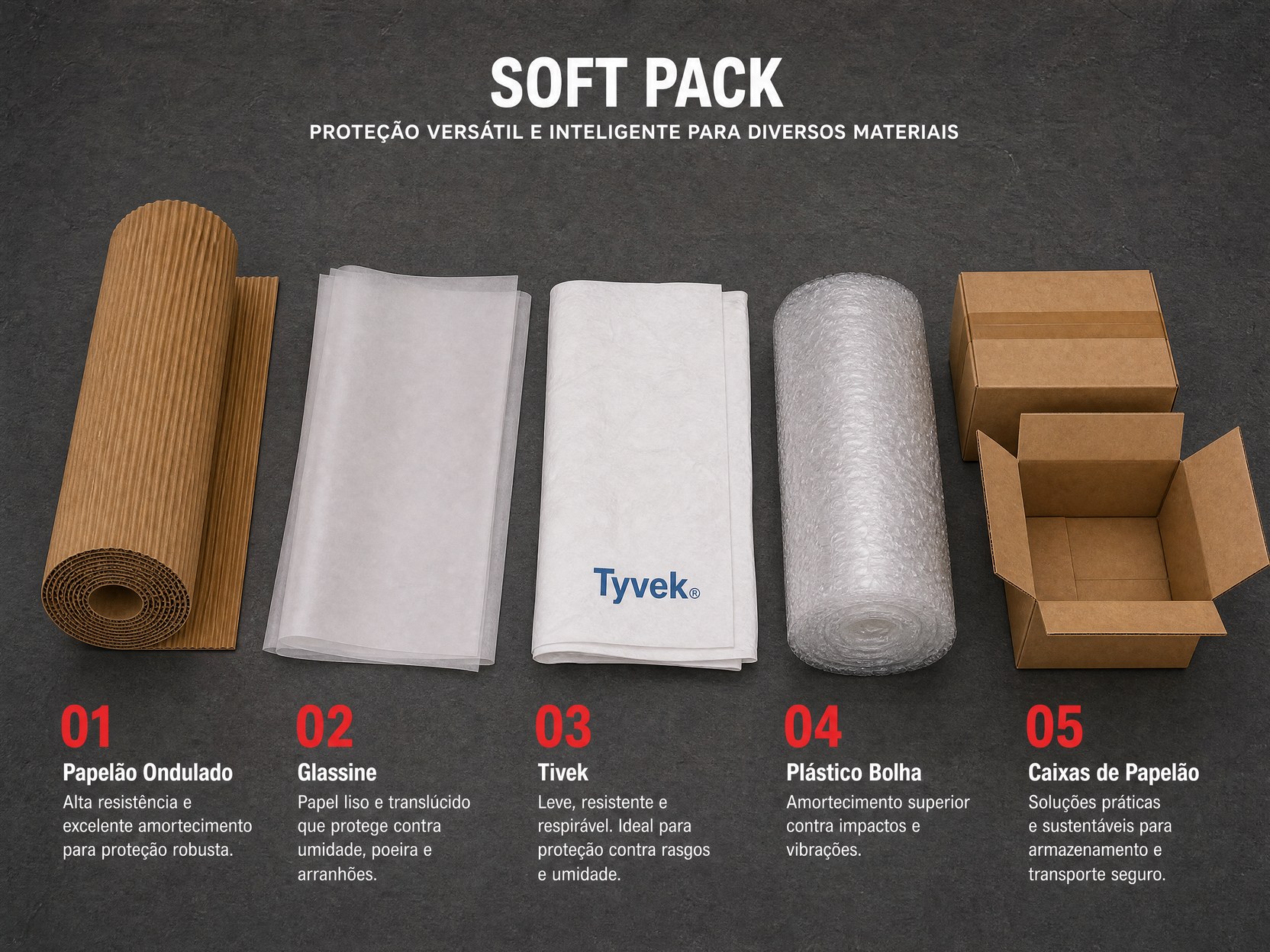 Materiais de soft packing: papelão ondulado, glassine, tyvek, plástico bolha e caixas de papelão